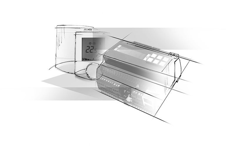 Hand-drawn sketch of a MIDAM room controller and DIN-rail PLC