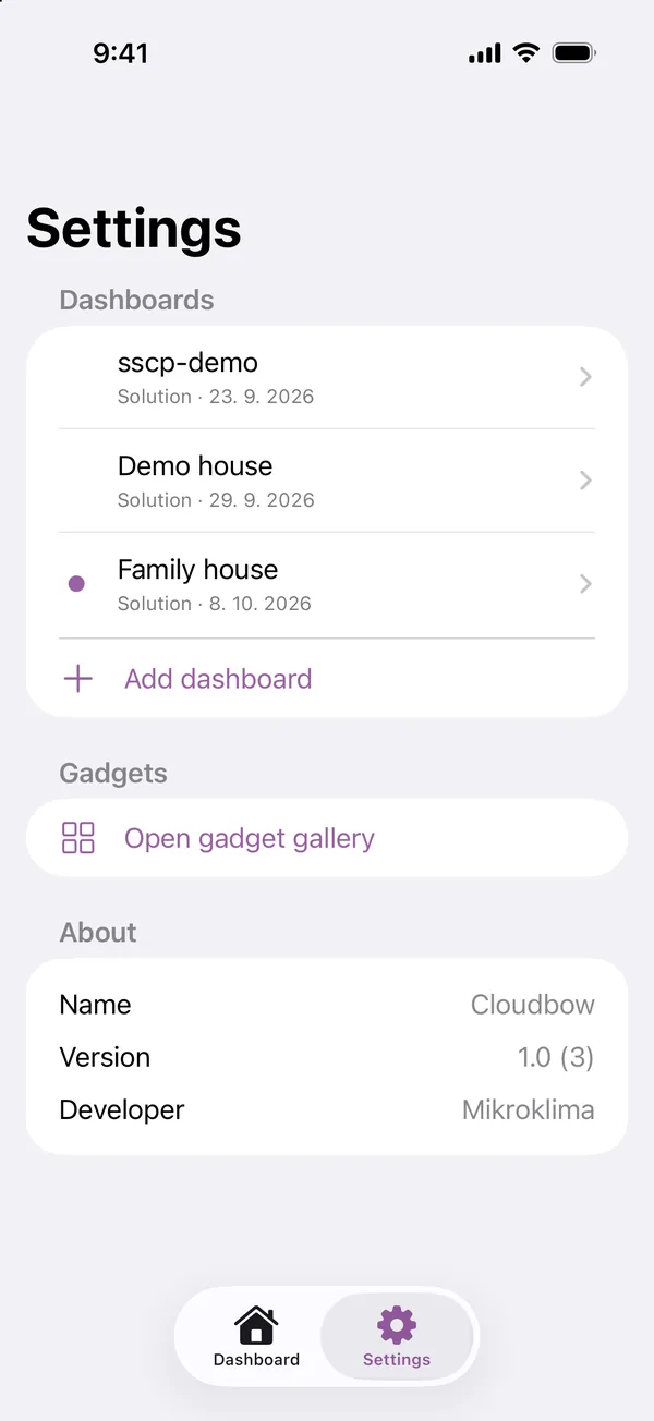 Cloudbow app settings with dashboards for several buildings