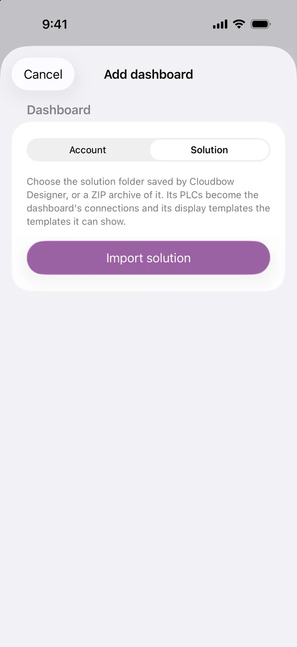 Importing a Cloudbow Designer solution in the Cloudbow app
